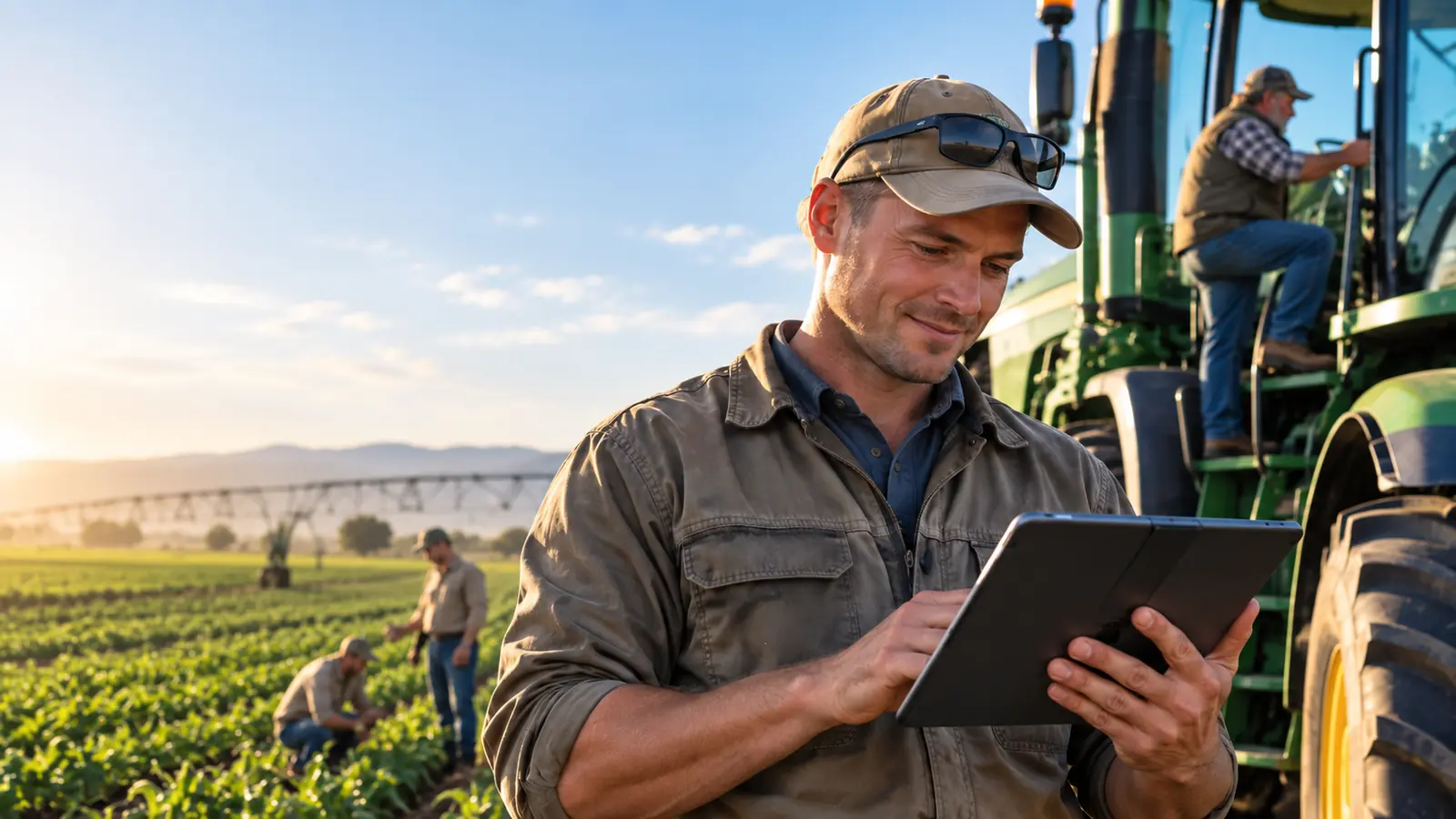 A farmworker reviewing information on a tablet in an agricultural field, with a tractor and coworkers in the background.